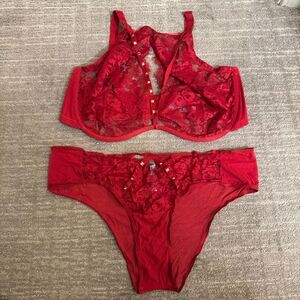 Adore Me Emmaline Red Unlined Lace Halter Studded Bra Panty Set 42H 1X